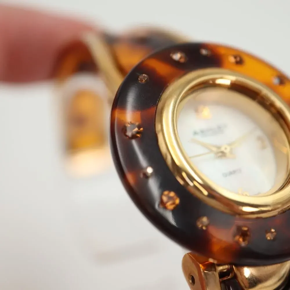 Ashley Princess Womens Watch MOP Dial Tortoise Jewel Bezel Cuff Bracelet Working